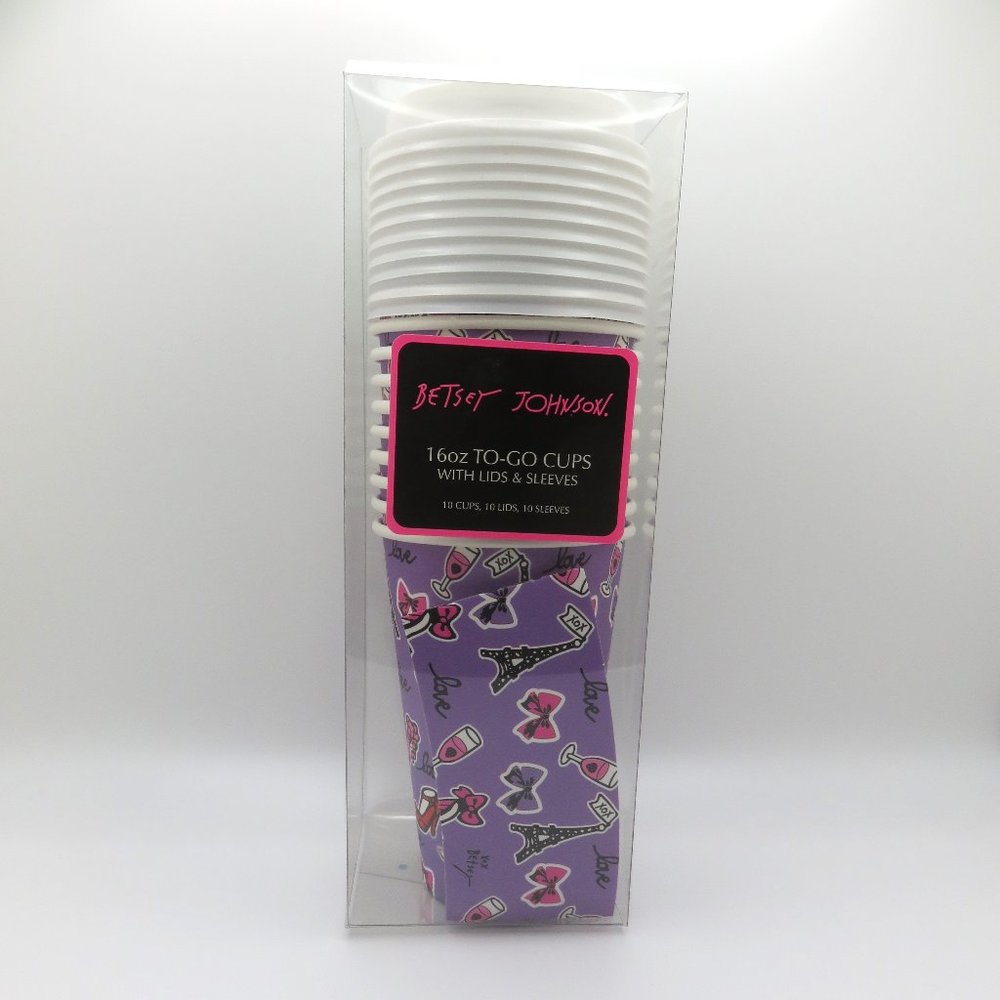 10 Cups Betsey Johnson 16 oz To-Go cups With Lids And Sleeves ~ NWT